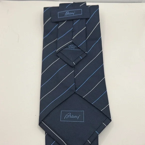 Brioni Mens Tie Dark Blue Tie with Light Blue and White Stripes 57.6” X 4.2”